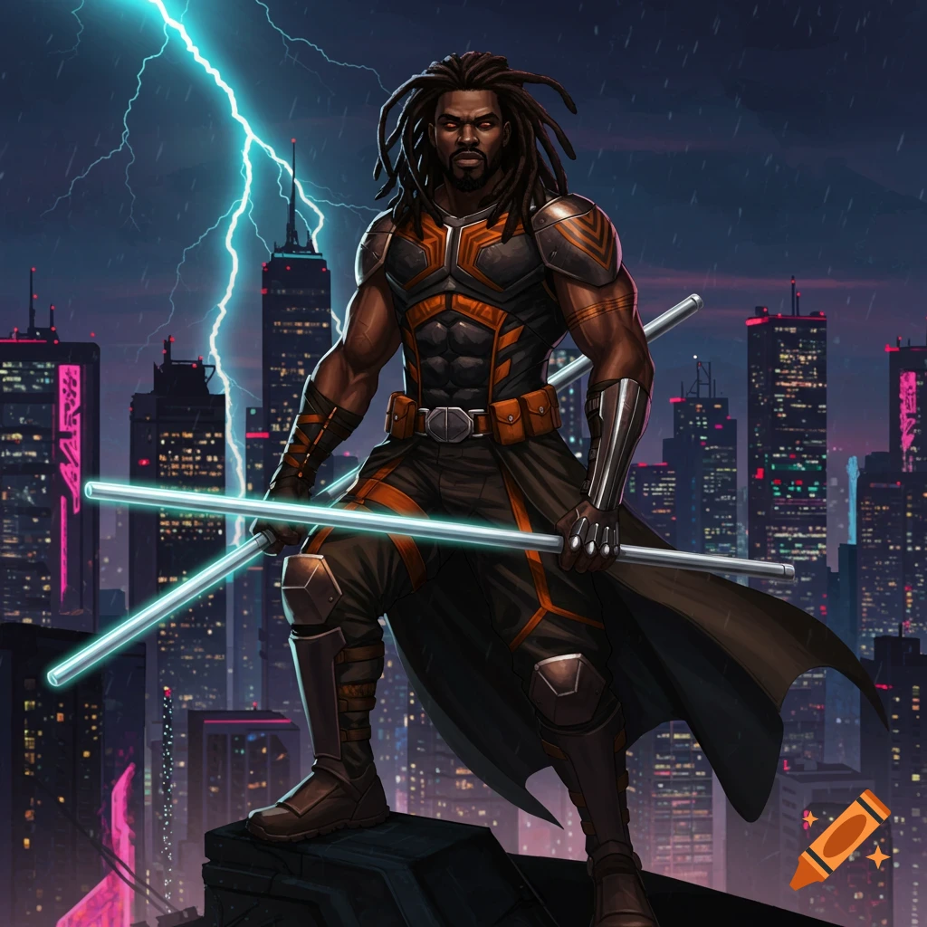 A dark-skinned male superhero with dreadlocks and armor stands on a rooftop in a neon-lit city during a lightning storm, holding two glowing staffs.