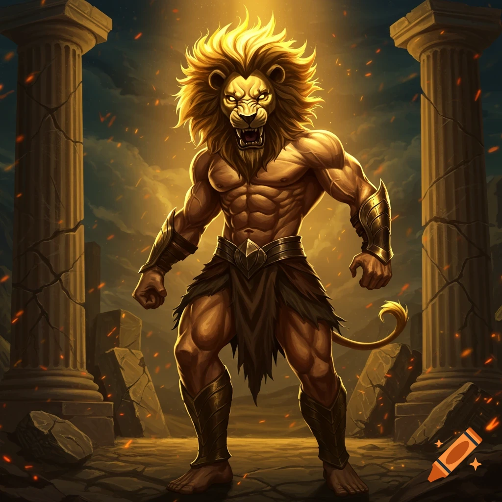 A muscular, lion-headed warrior stands powerfully between ancient columns under a fiery sky, in a heroic, stylized illustration.