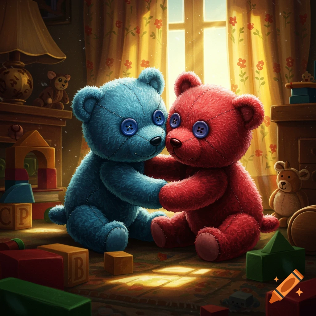 Two fuzzy, button-eyed teddy bears, one blue and one red, embrace in a cozy, sunlit room filled with colorful toys.