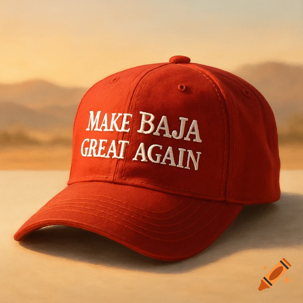 A red baseball cap with 'MAKE BAJA GREAT AGAIN' embroidered in white text, set against a blurred desert landscape.