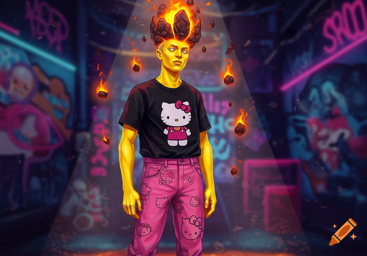 A yellow-skinned guy with a lava rock crown and a black Hello Kitty shirt stands in a neon-lit urban alley.