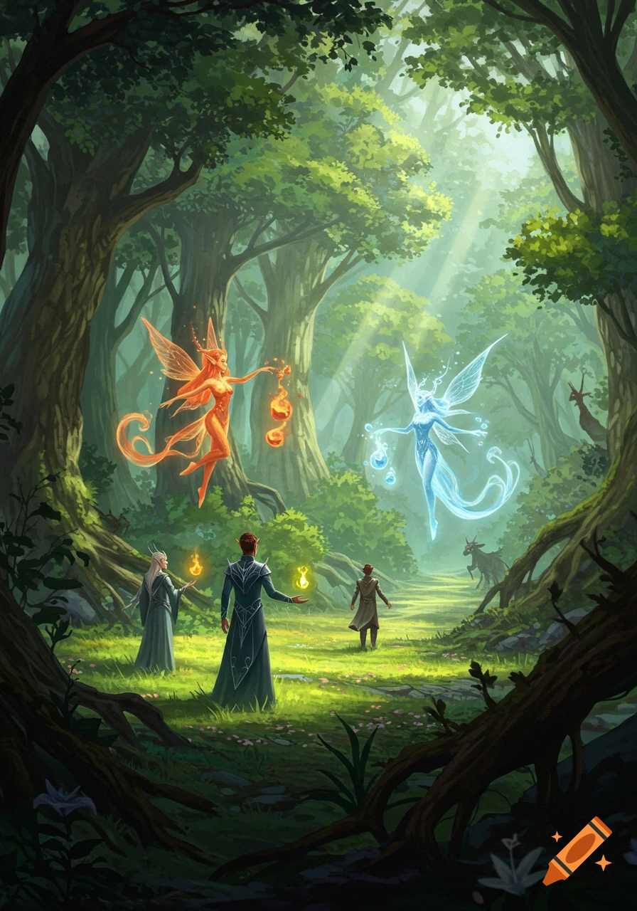 Two glowing elemental fairies, red and blue, float above elves in a sunlit magical forest, while deer watch from the background. Digital painting.
