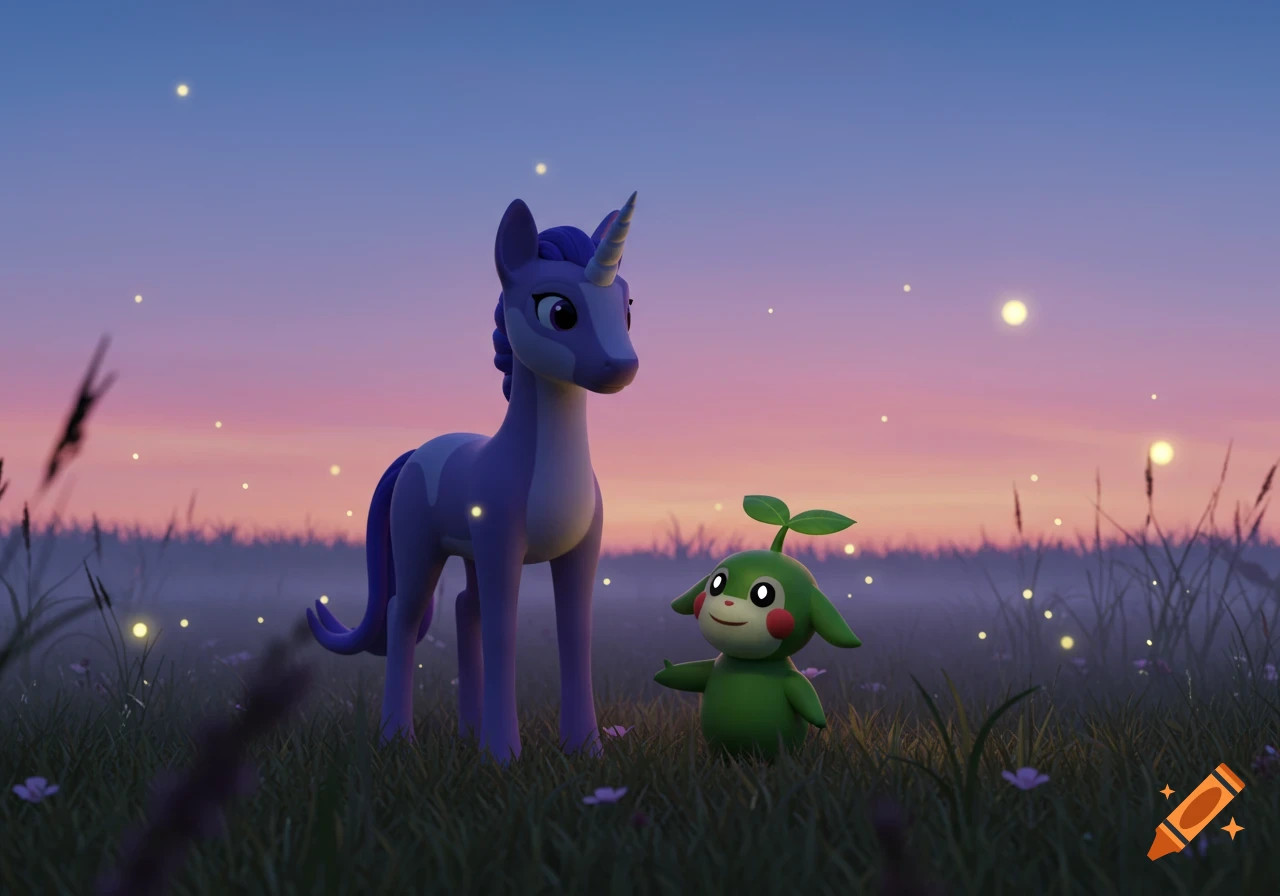A purple unicorn and a green creature stand in a grassy field at sunset with glowing fireflies in a digital art style.