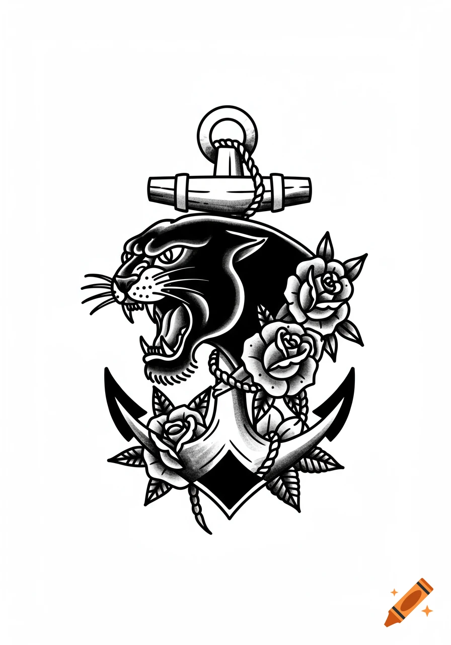 Black and grey American traditional tattoo design featuring a roaring panther head, an anchor, and roses.
