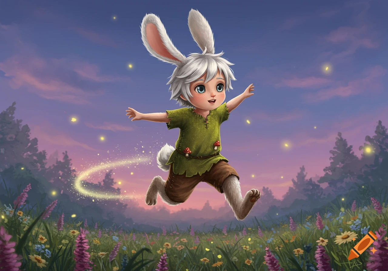 A joyful, white-haired bunny hybrid boy with big ears and a fluffy tail runs through a field of wildflowers under a twilight sky with glowing fireflies, in a whimsical illustration.