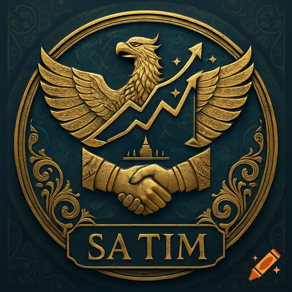 Golden and teal emblem with an eagle, rising graph, handshake, Borobudur temple silhouette, and 'SA TIM' text.