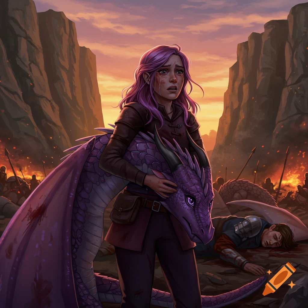 A distressed woman with purple hair embraces a purple dragon on a fiery battlefield at sunset, a fallen soldier nearby in a fantasy illustration.