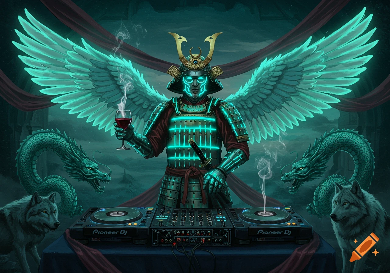 A bioluminescent angel samurai with teal glowing armor and wings operates DJ turntables, holding wine, flanked by dragons and wolves.