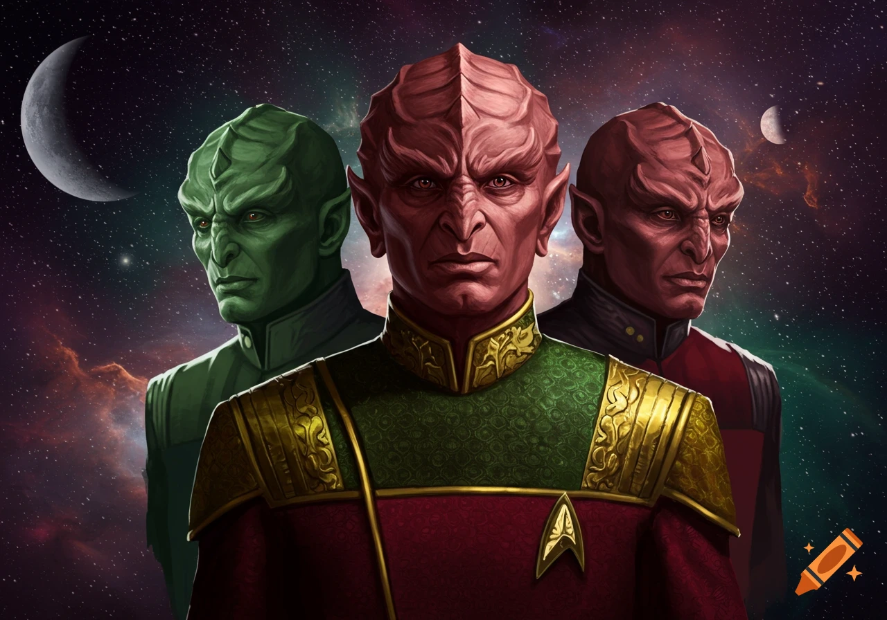 Three alien figures, one prominent in red and green with a gold insignia, flank two others against a starry space background with moons.