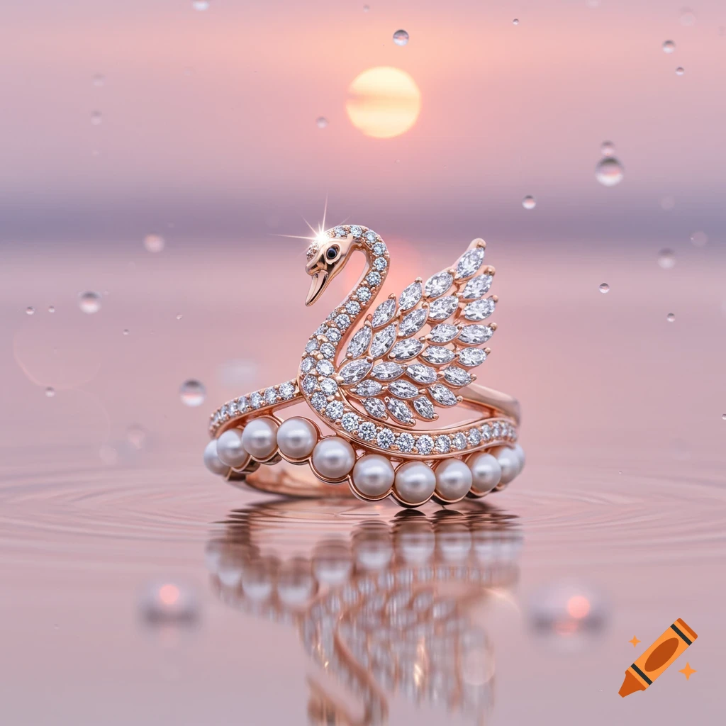 Photorealistic swan ring made of rose gold, diamonds, and pearls, on a reflective water surface with a sunset background and water droplets.