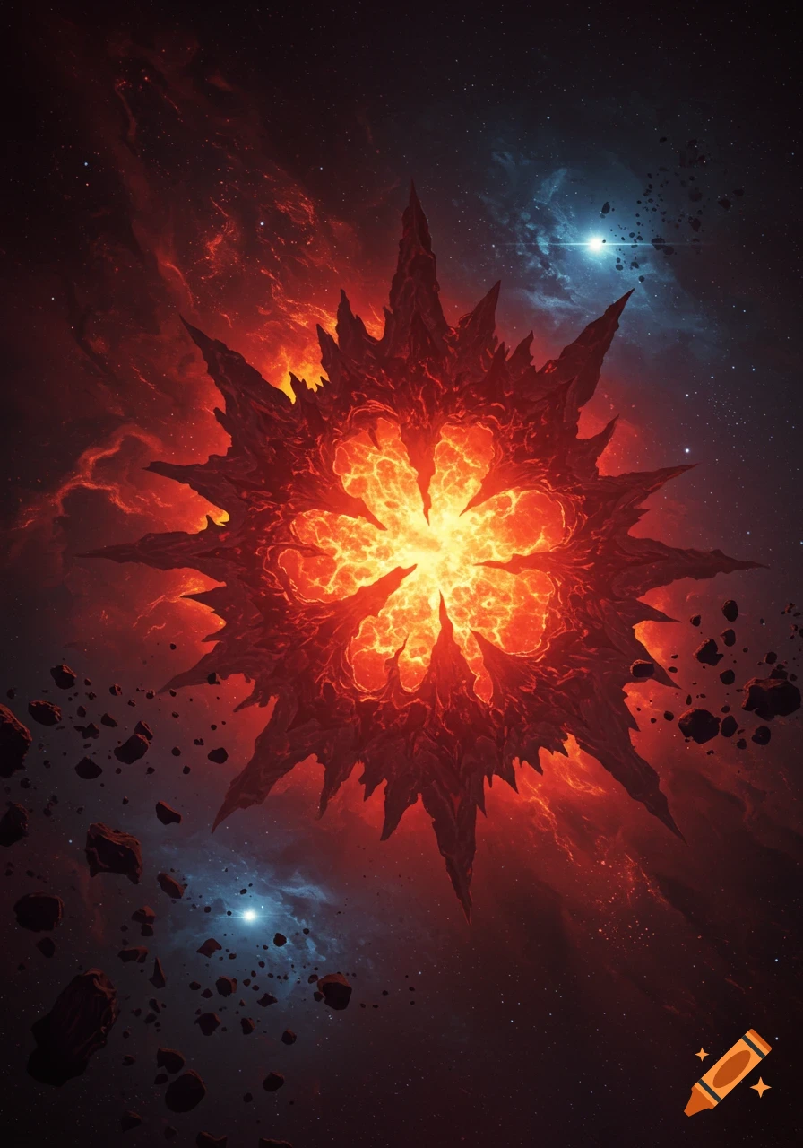 A vibrant, spiky, fiery red and orange 'hellstar' explodes in deep space, surrounded by dark asteroids and red nebulae.