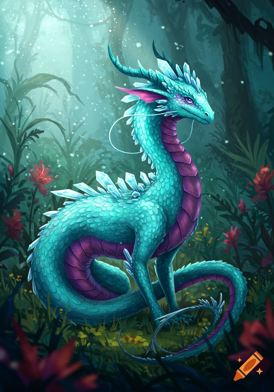 A turquoise and purple dragon with crystalline spikes on its back sits in a mystical forest, light filtering through trees.
