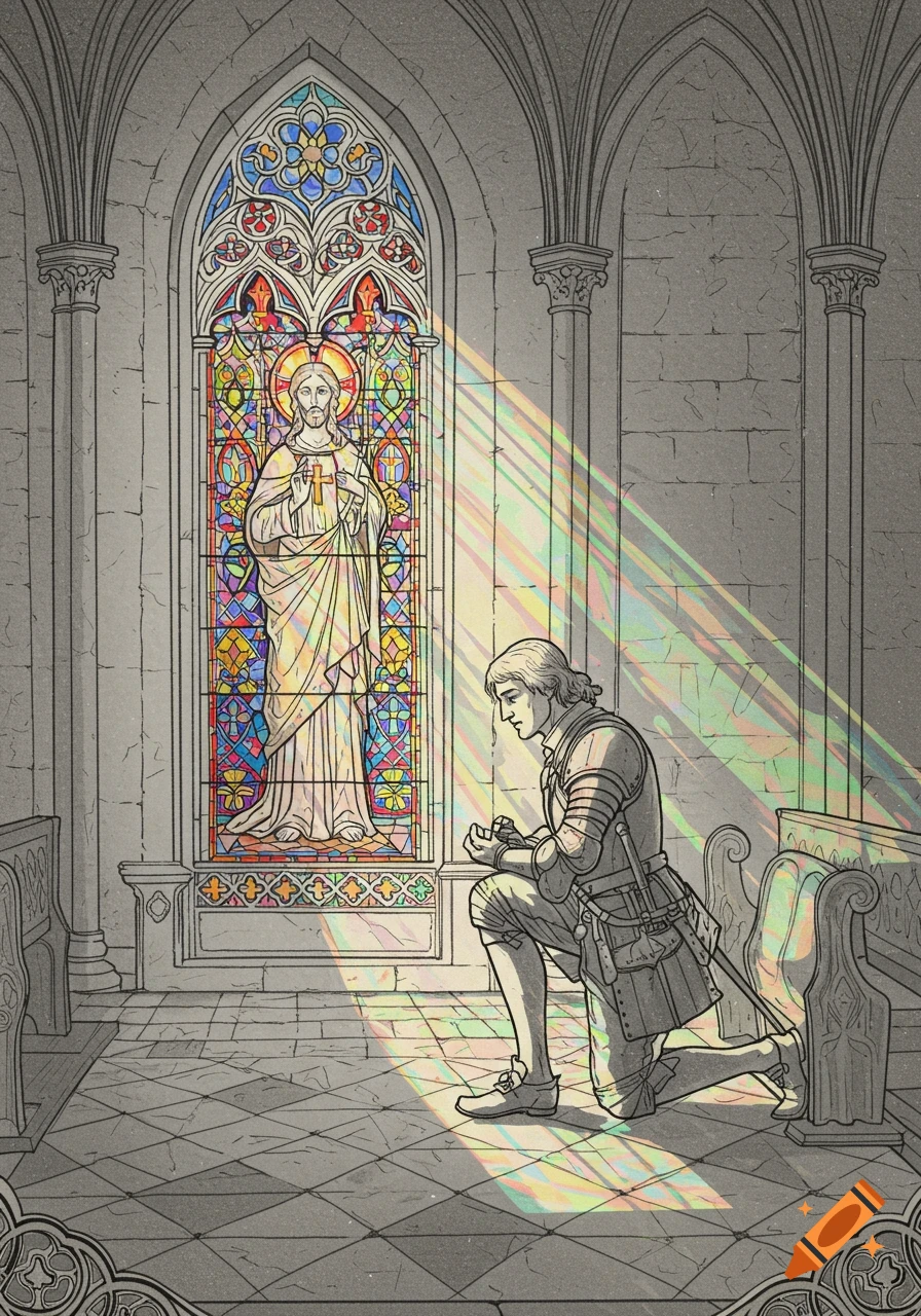 A medieval knight kneels in a gothic chapel before a stained glass window of Jesus, light streaming through.