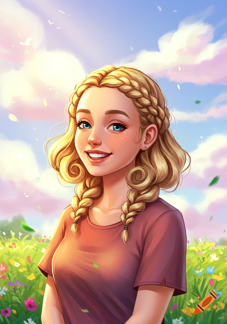 Smiling cartoon woman with blonde braided hair and blue eyes in a sunny field of flowers.