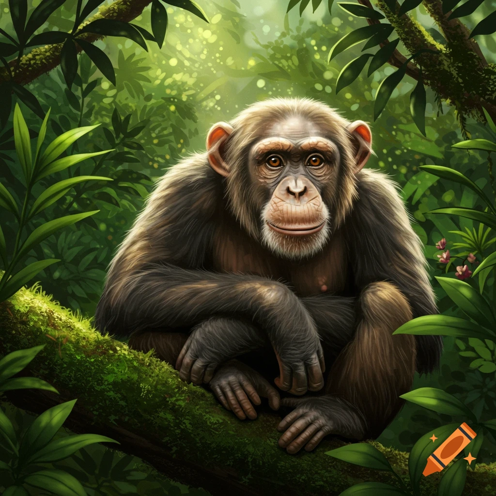 Detailed illustration of a chimpanzee sitting on a mossy branch in a lush, green jungle, looking directly forward.