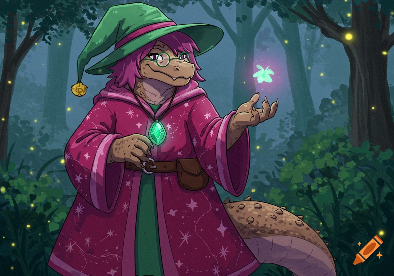 A cartoon reptilian wizard with pink hair and glasses, wearing a magenta robe and green hat, holds a glowing green light in a dark forest.
