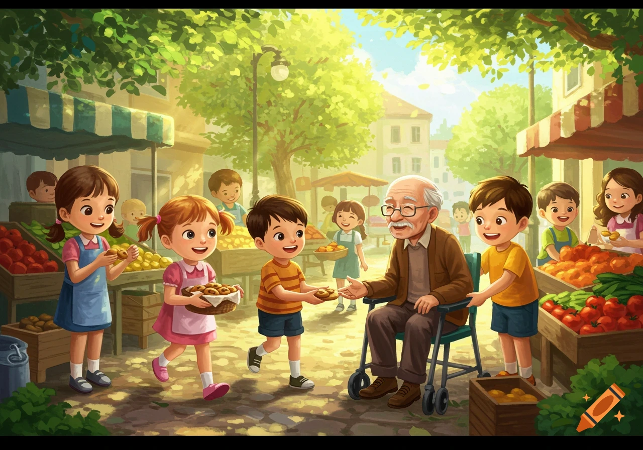Cartoon illustration of children giving baked goods to an elderly man in a wheelchair at a sunny outdoor market.
