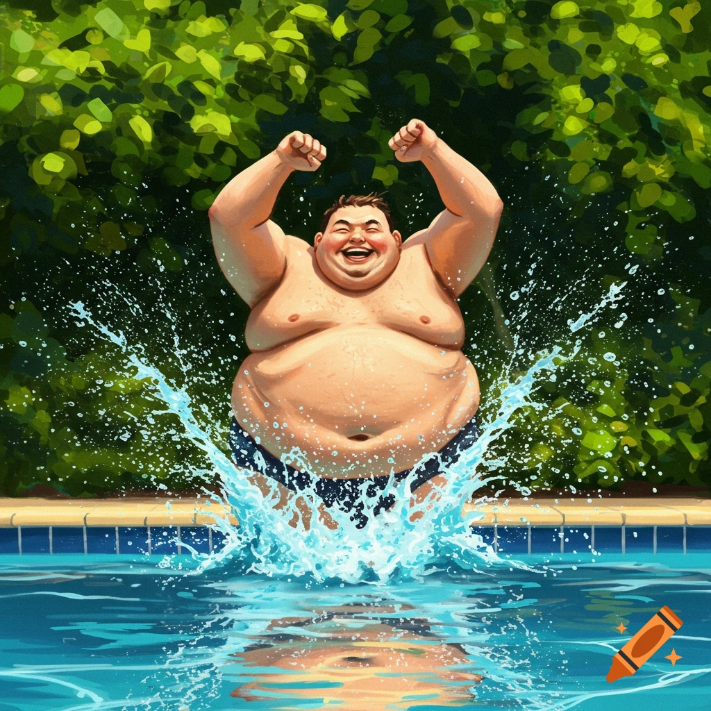 A cheerful, heavy-set man in swim trunks jumps into a swimming pool, arms raised, creating a large splash. Illustrated style.