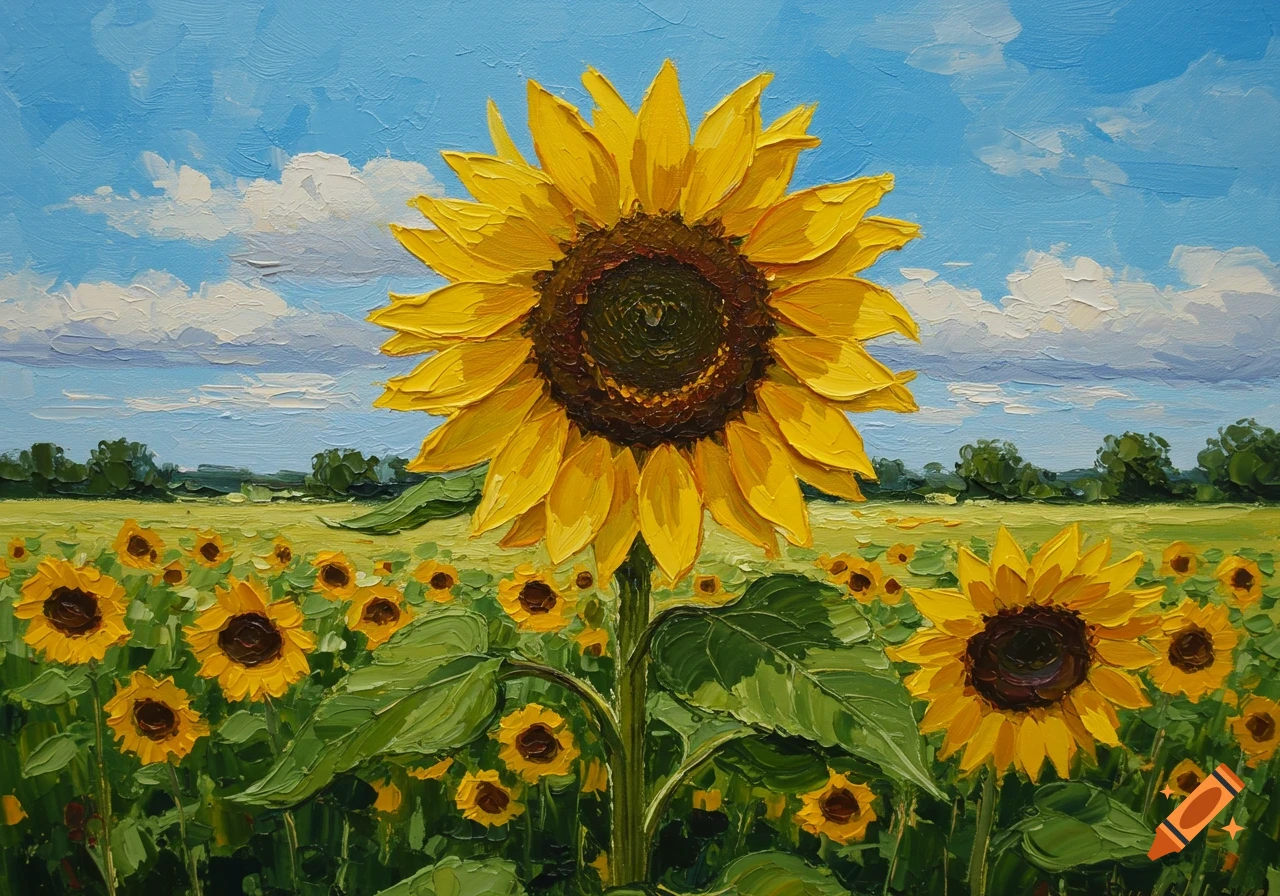 Impressionistic oil painting of a vibrant field of sunflowers under a bright blue sky with white clouds.