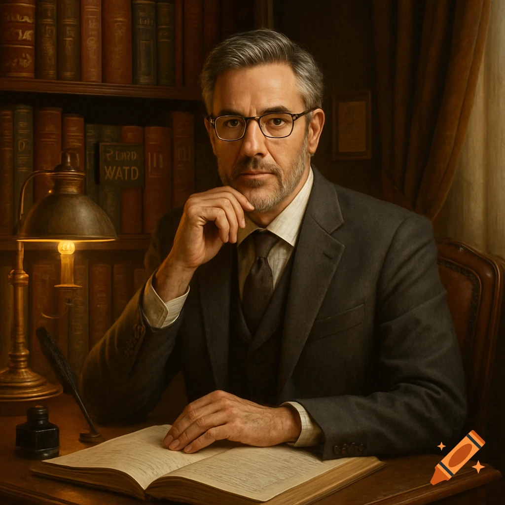 Photorealistic portrait of a distinguished man with glasses and a beard, sitting at a desk in a library with an open book.
