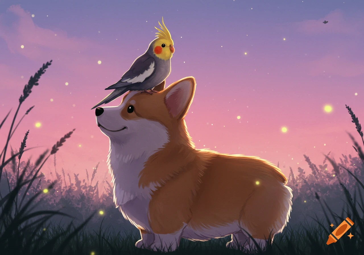 An illustration of a happy corgi with a cockatiel on its head, in tall grass with fireflies under a pink-purple sky.