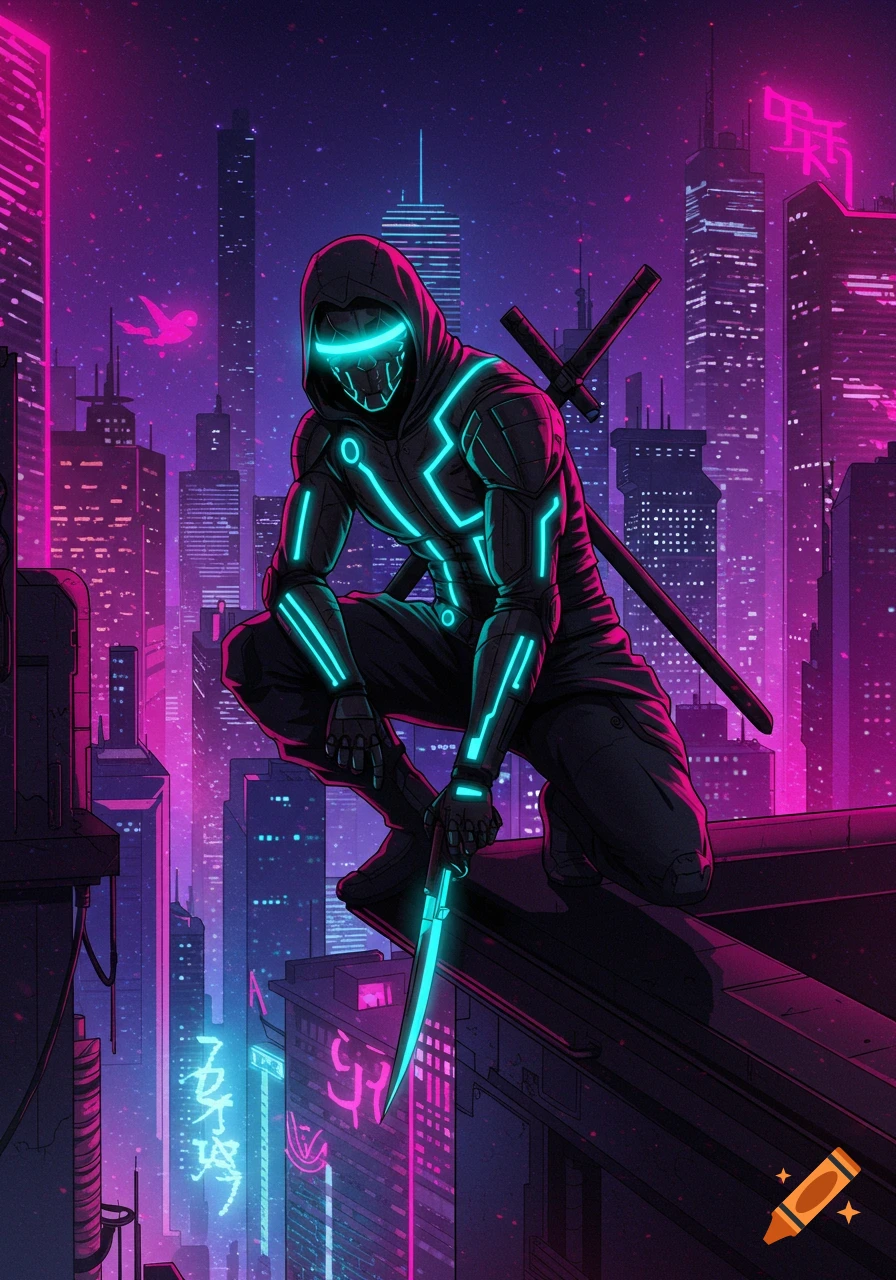 A masked assassin in a black and neon blue suit crouches on a cyberpunk city rooftop, holding a glowing knife, comic book style.