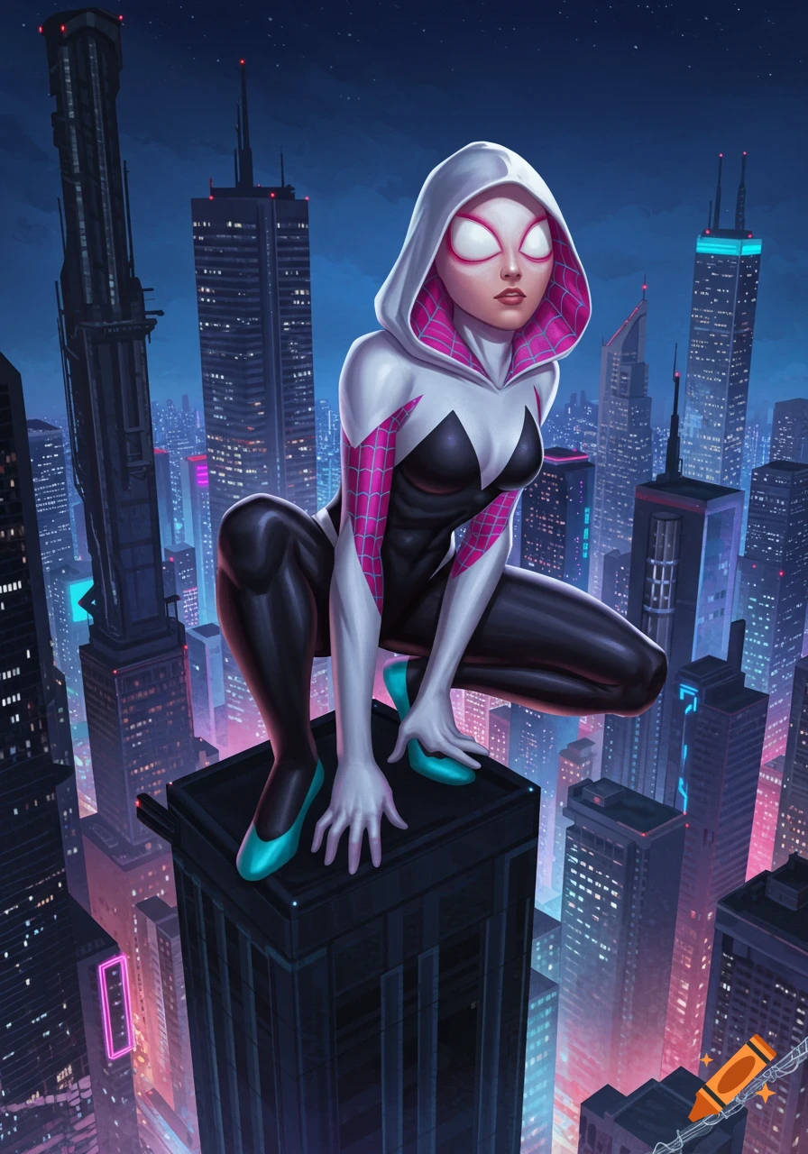 Spider-Gwen crouches on a skyscraper in a vibrant, neon-lit city at night, wearing her white, black, and pink suit in a comic book art style.