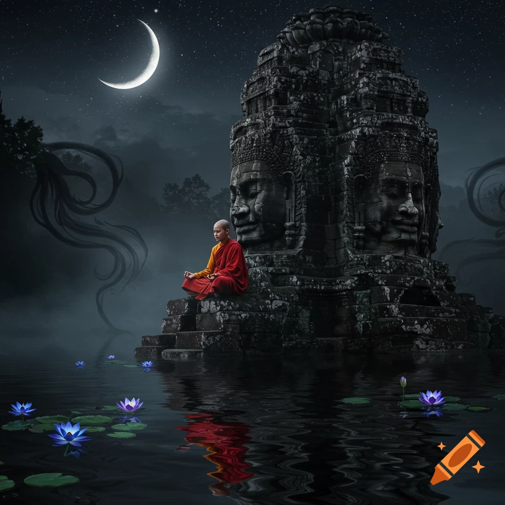 A monk meditates by an ancient stone temple with carved faces, under a crescent moonlit sky, with lotus flowers in the water.