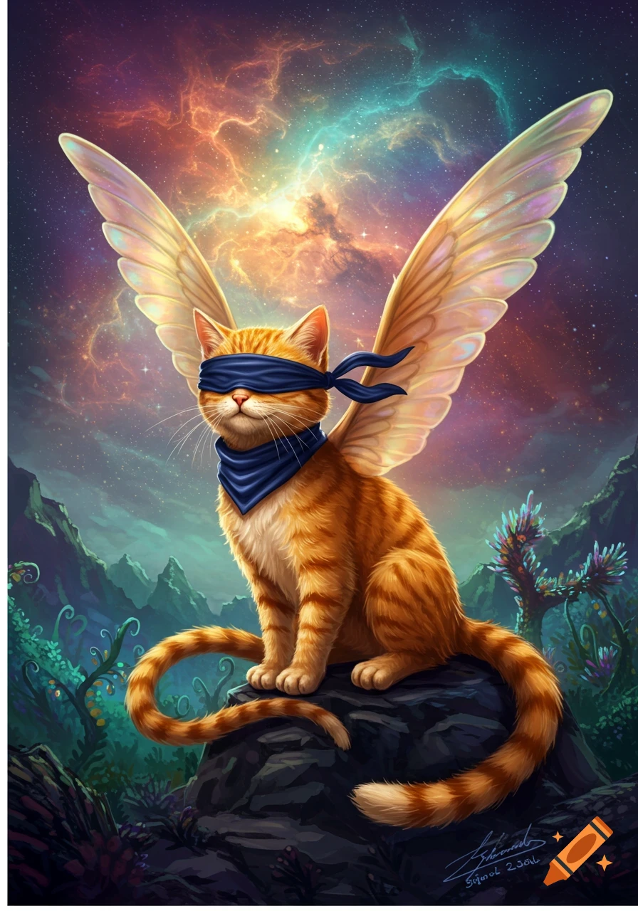 An orange tabby cat with golden wings and a blue blindfold sits on a rock, bathed in cosmic light with colorful nebulae and alien flora.
