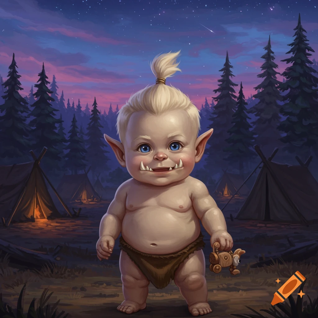 Chubby baby orc with blonde hair and blue eyes, wearing a loincloth and holding a toy, stands in a forest camp at dusk, fantasy illustration.