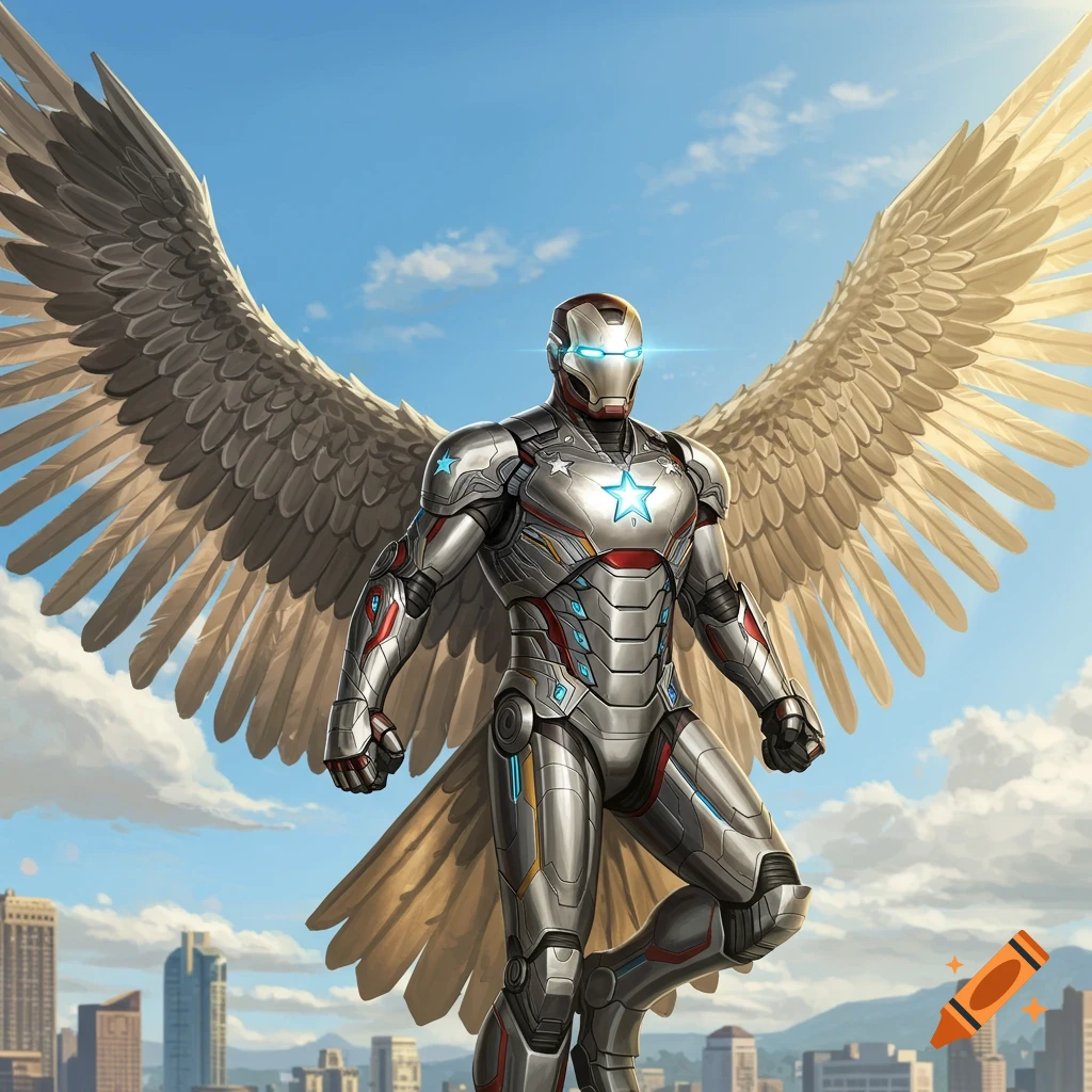 A powerful superhero in silver and red armor with large feathered wings and glowing blue eyes flies above a city against a blue sky.