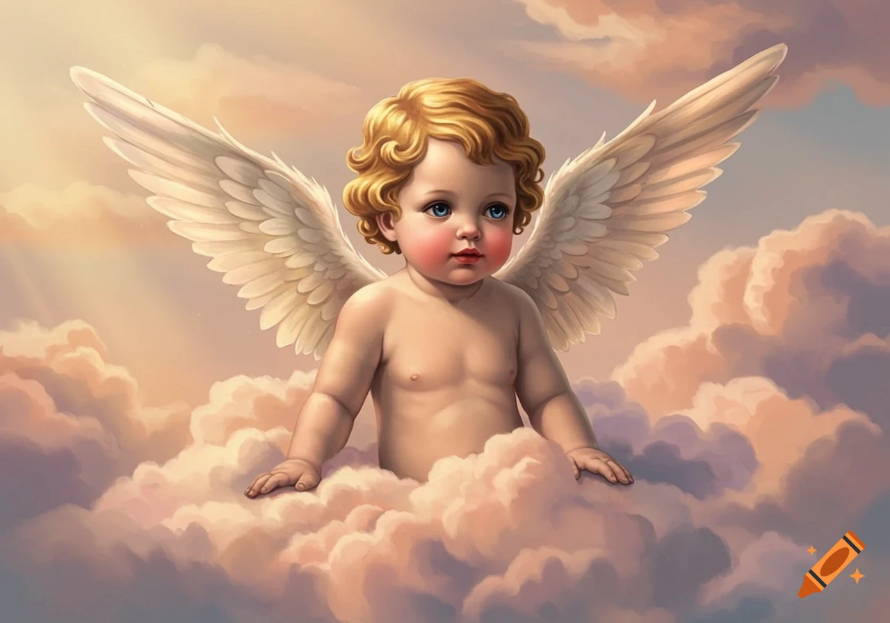 A classical painting of a cherub with golden curly hair, rosy cheeks, and large white wings, sitting among soft, fluffy clouds in a warm, ethereal sky.
