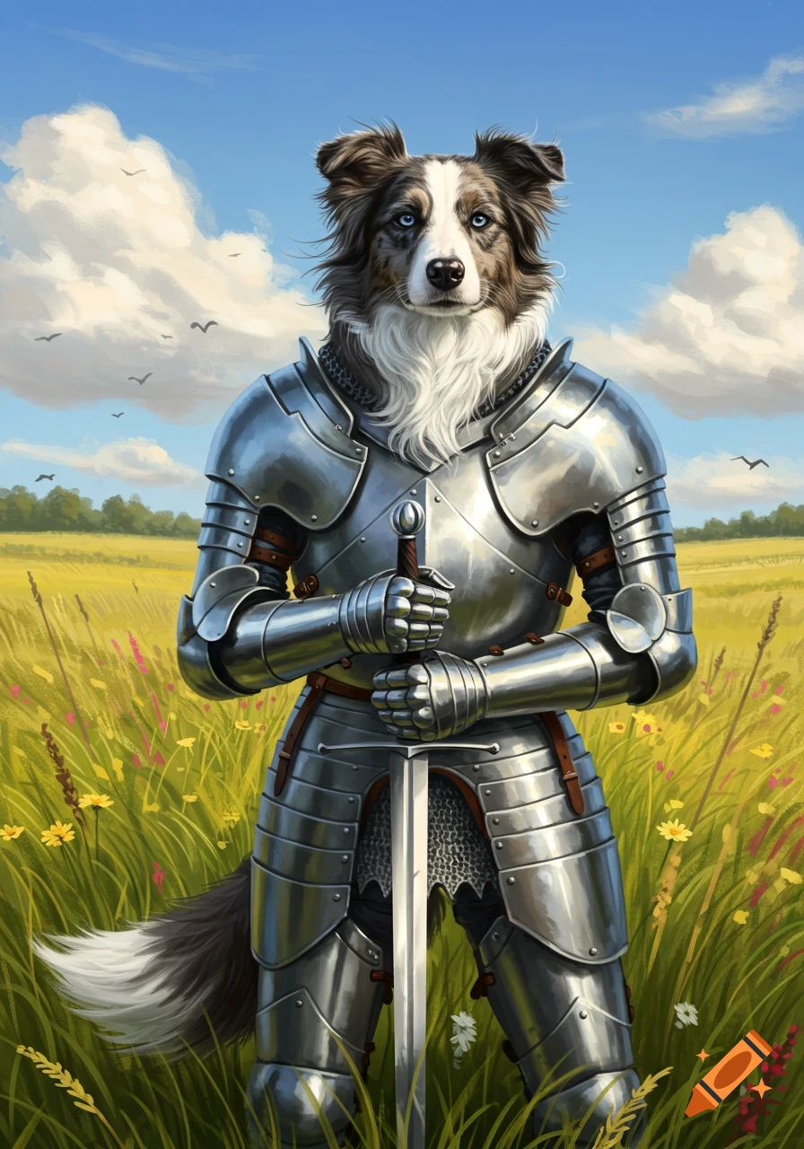 A border collie dog in full knight armor, holding a sword, standing in a sunny, green field under a blue sky.