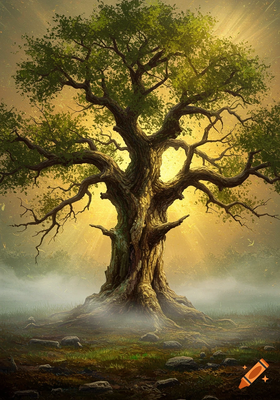 A large, ancient tree with green leaves and gnarled branches, illuminated by golden light rays against a misty background in a painterly style.