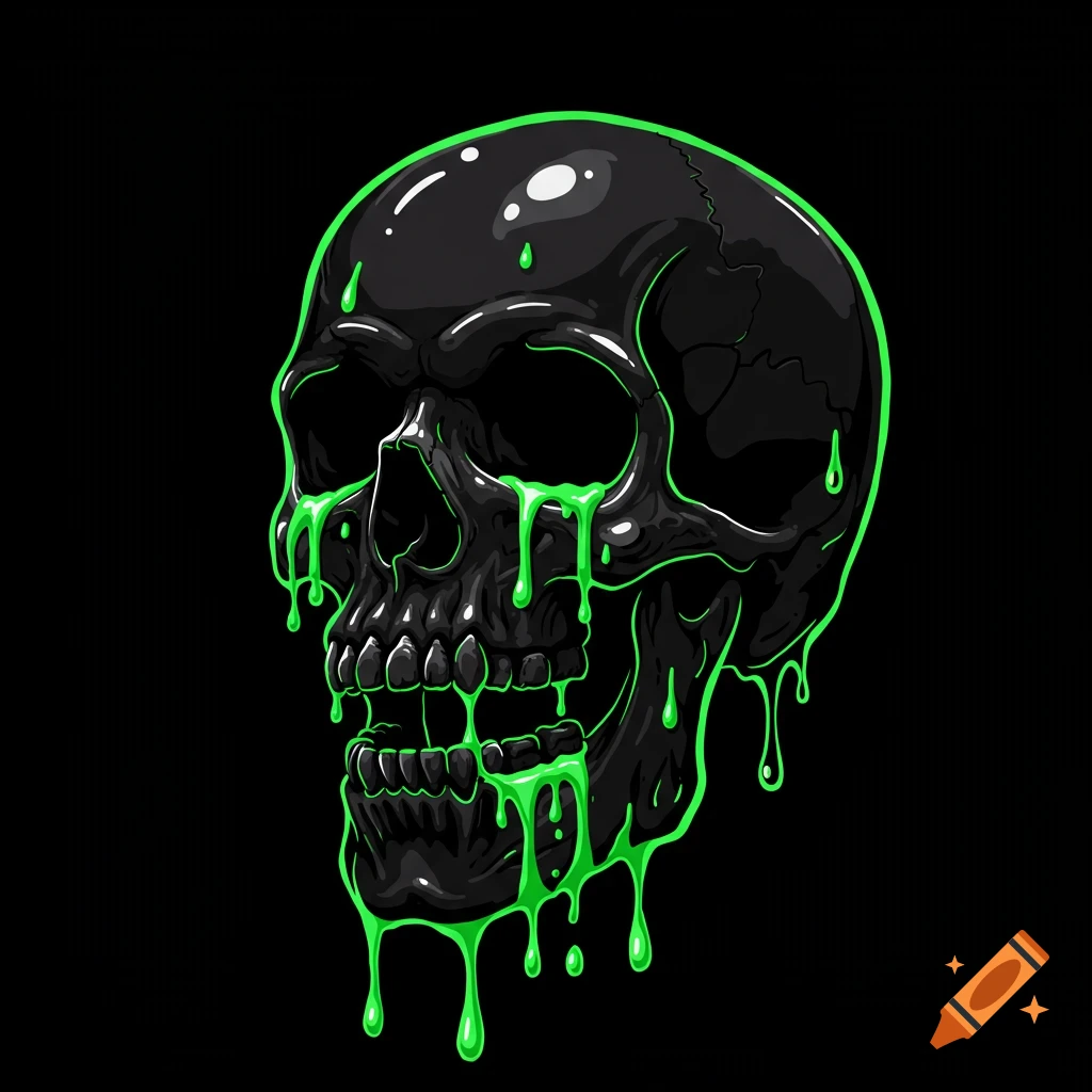 A stylized black skull with bright green slime dripping from its eye sockets and jaw, set against a solid black background.