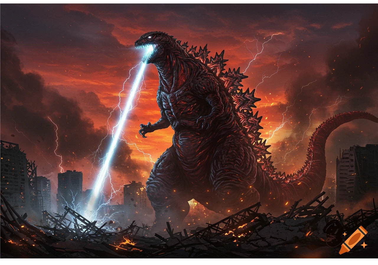 Shin Godzilla breathes atomic fire amidst a destroyed city under a stormy, fiery red sky with lightning.
