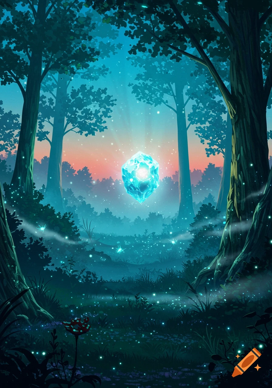 A glowing blue crystal floats in a mystical forest with tall trees, sparkling particles, and a colorful twilight sky.
