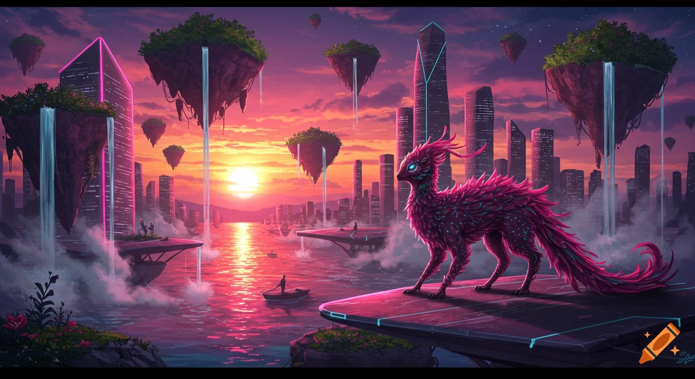 A vibrant, pink, feathered creature on a floating platform in a futuristic city at sunset, with floating islands and waterfalls.
