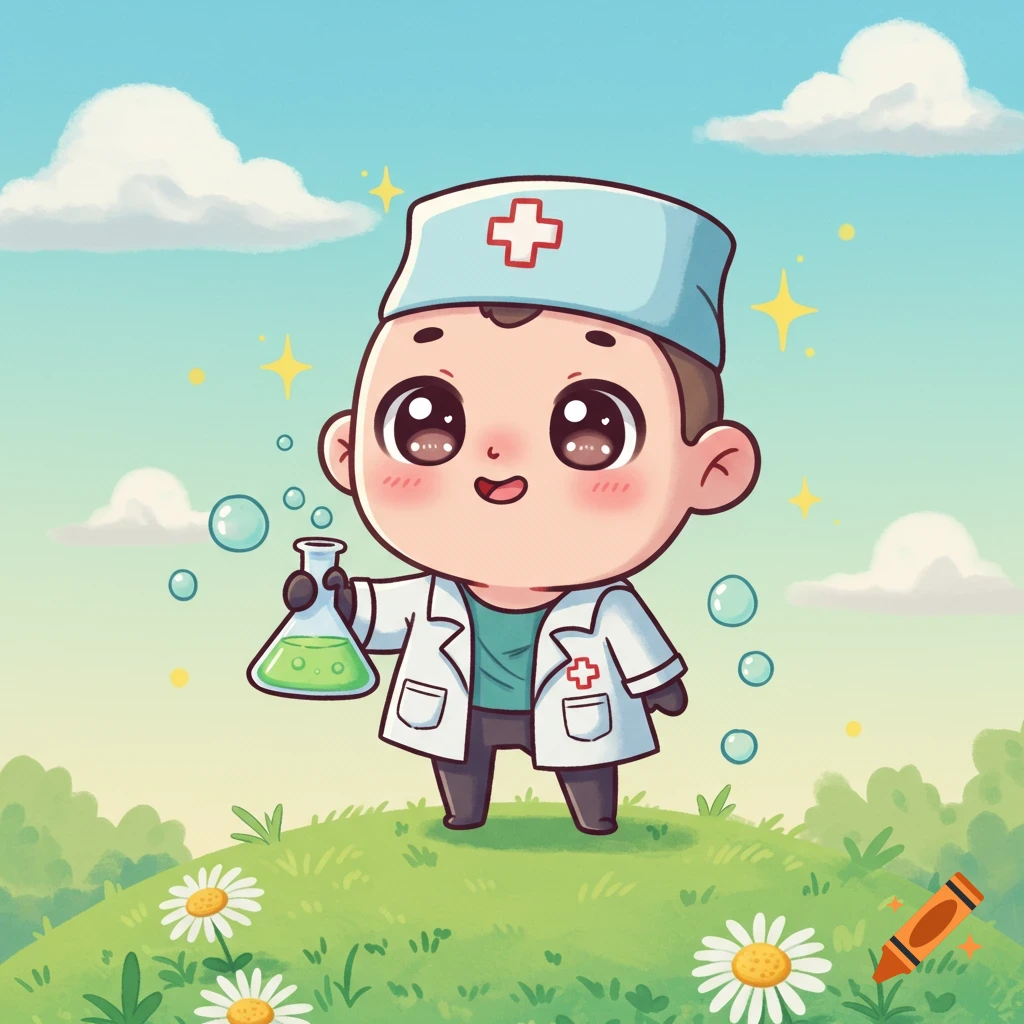 Cute chibi cartoon doctor holding a green flask, standing in a field with daisies under a blue sky.
