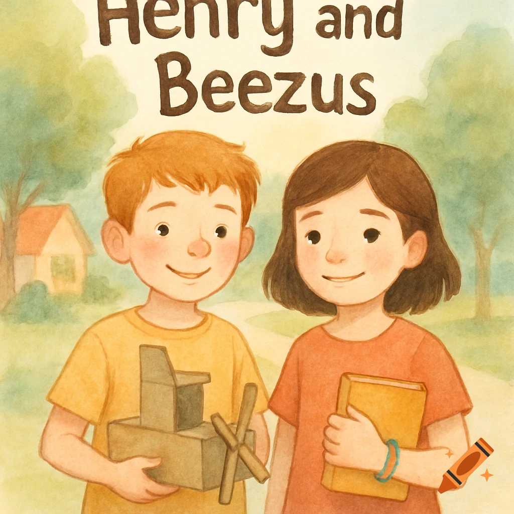 Watercolor illustration of a smiling boy holding a cardboard toy and a girl holding a book, with 'Henry and Beezus' above them, in a soft neighborhood scene.