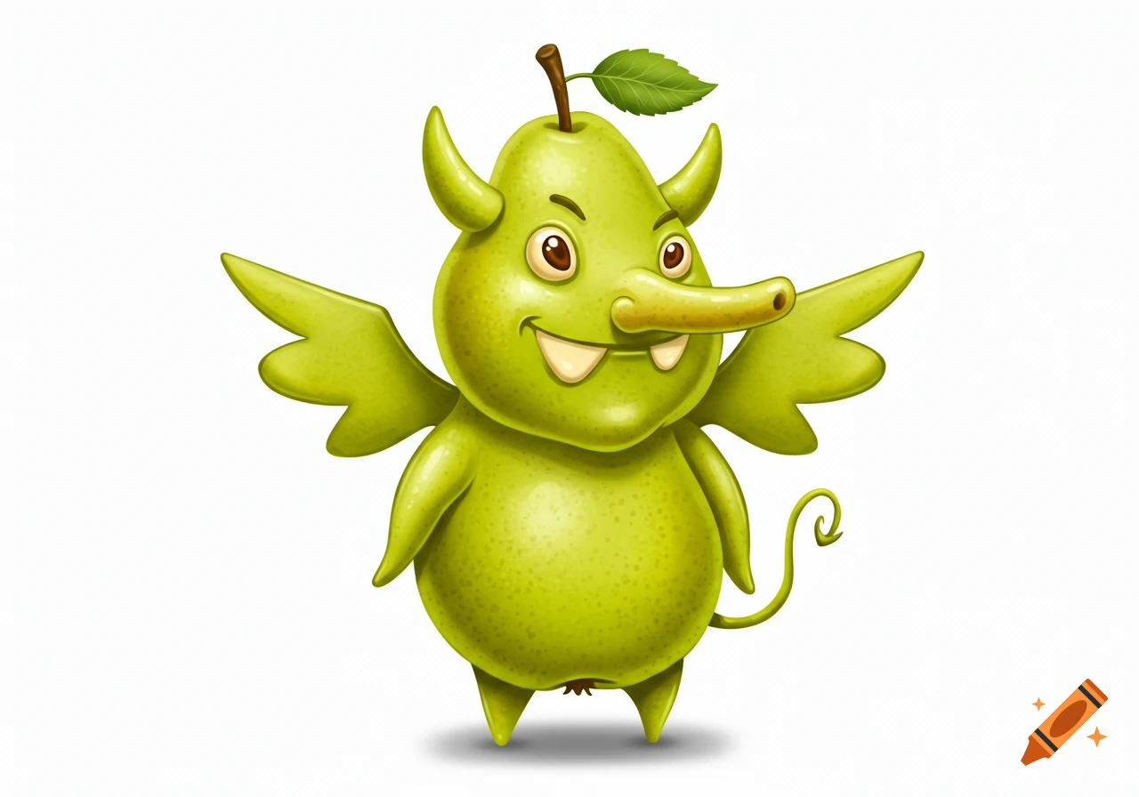 A cute, green, pear-bodied cartoon devil with horns, wings, and a long nose stands smiling on a white background.