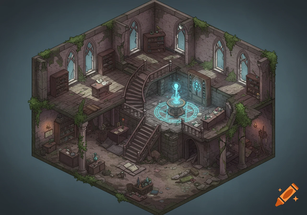 Isometric view of a crumbling wizard's tower with a glowing magical altar, bookshelves, and winding stairs.
