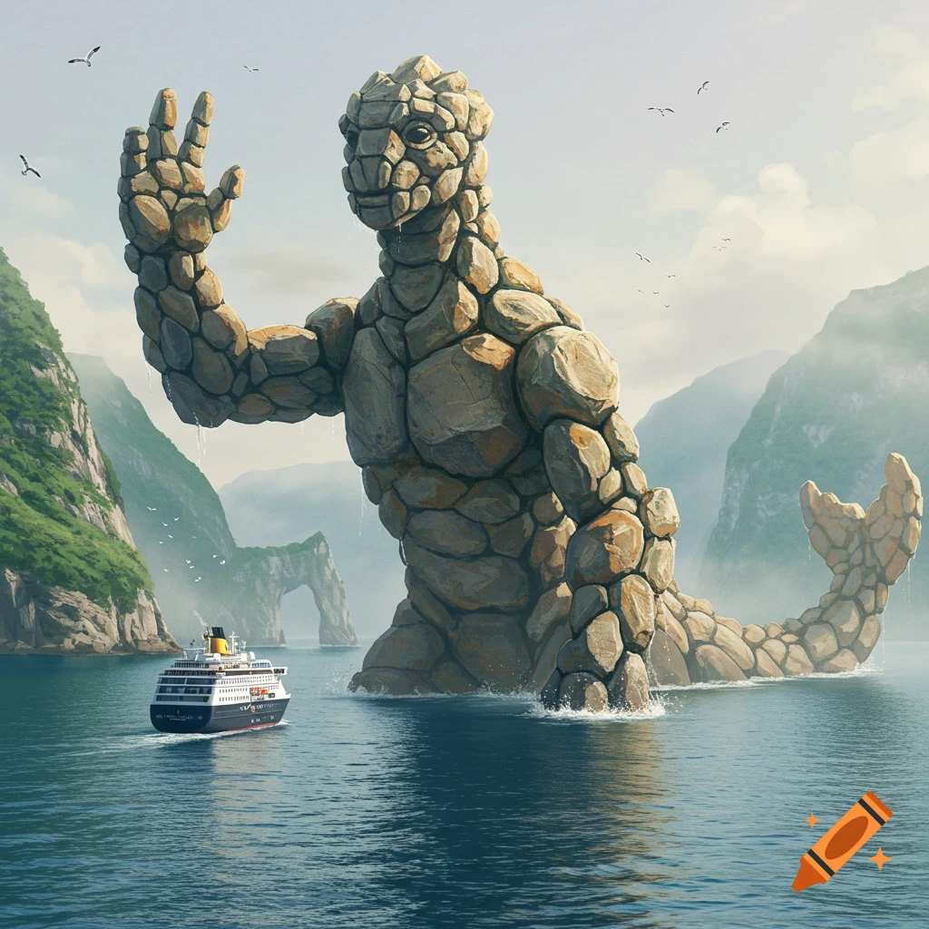 A massive rock monster, resembling an anthro plesiosaur, stands in a bay with mountains, waving at a passing cruise ship.
