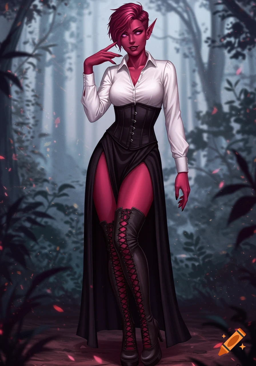 A red-skinned female elf with short crimson hair and pink eyes, wearing a white blouse, black corset, long split skirt, and thigh-high boots in a misty forest.