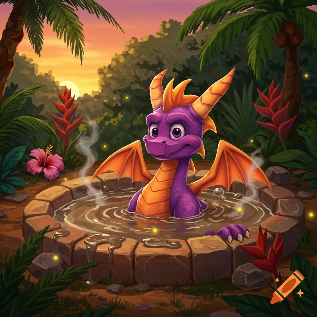 Cartoon Spyro the dragon relaxes in a stone mud hot tub in a tropical jungle at sunset.