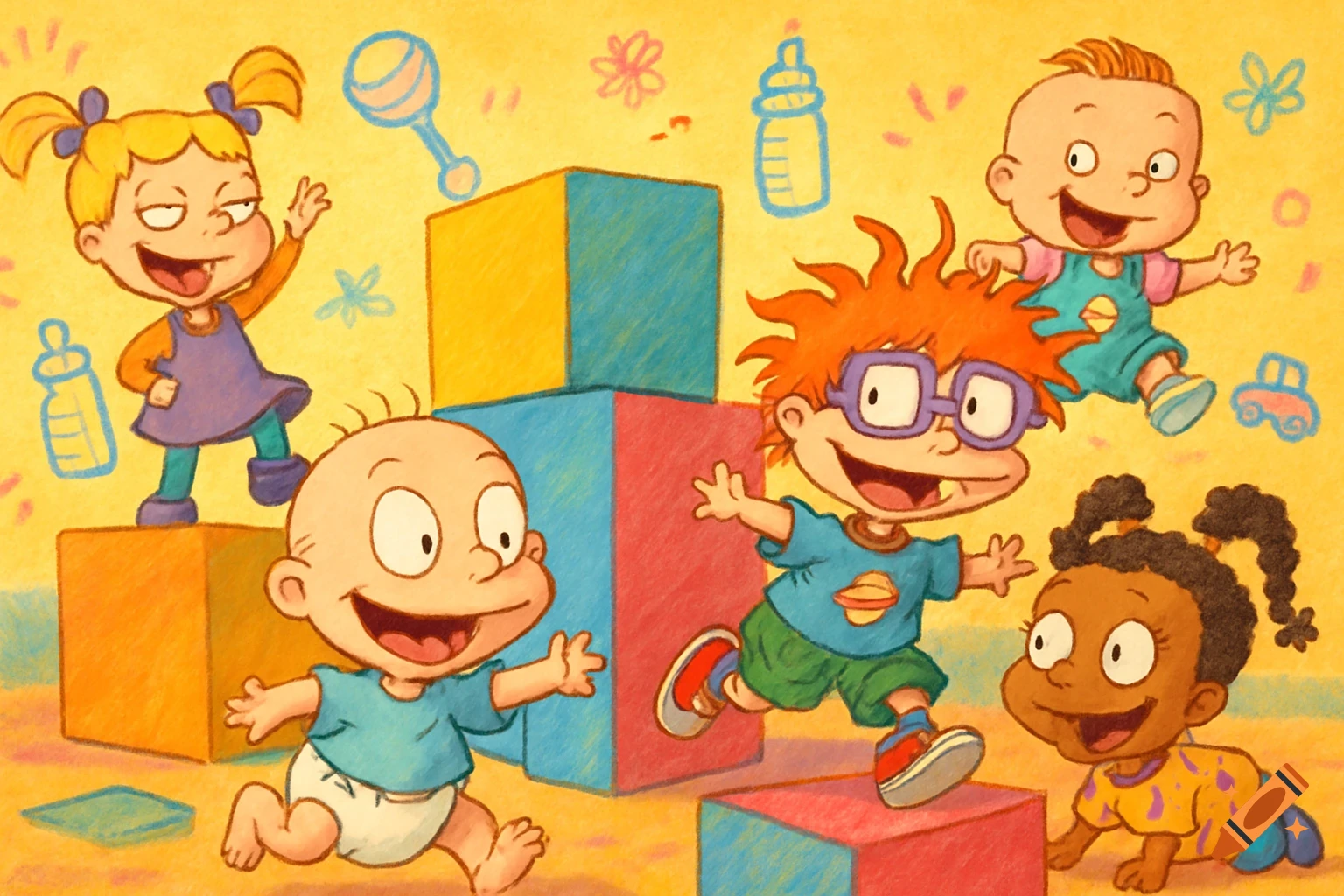 Cartoon babies, the Rugrats, play with colorful blocks on a yellow background with baby item doodles.
