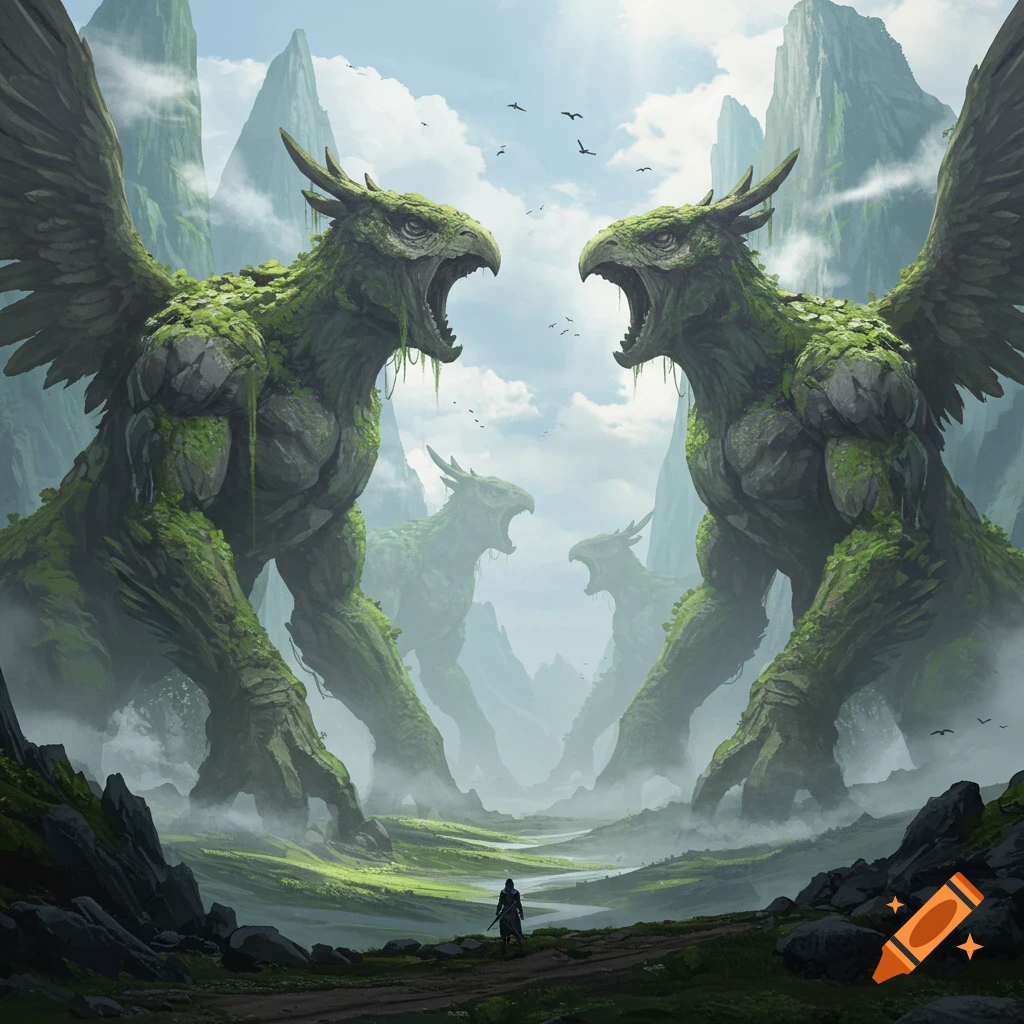 Two massive moss-covered stone bird creatures roar in a misty mountain valley, a small person on a path below. Fantasy art.