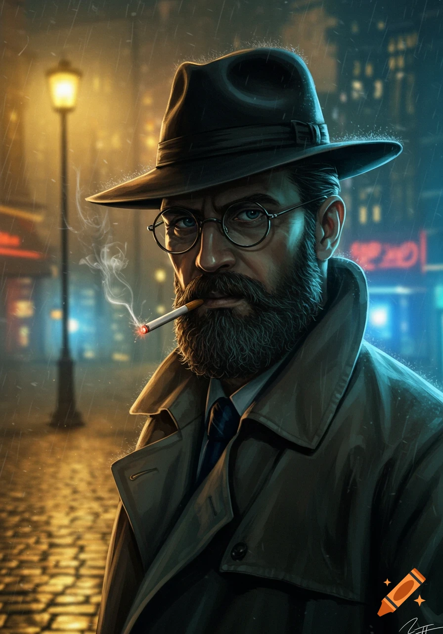 Digital art portrait of a bearded man in a trench coat, hat, and glasses, smoking in the rain on a dimly lit city street.