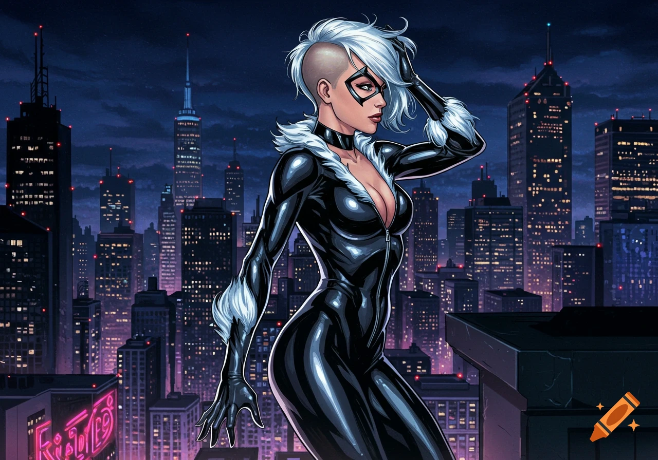 Black Cat, a white-haired Marvel superhero with a buzz cut and a mask, stands on a rooftop in a shiny black catsuit with fur trim, against a detailed night city skyline.