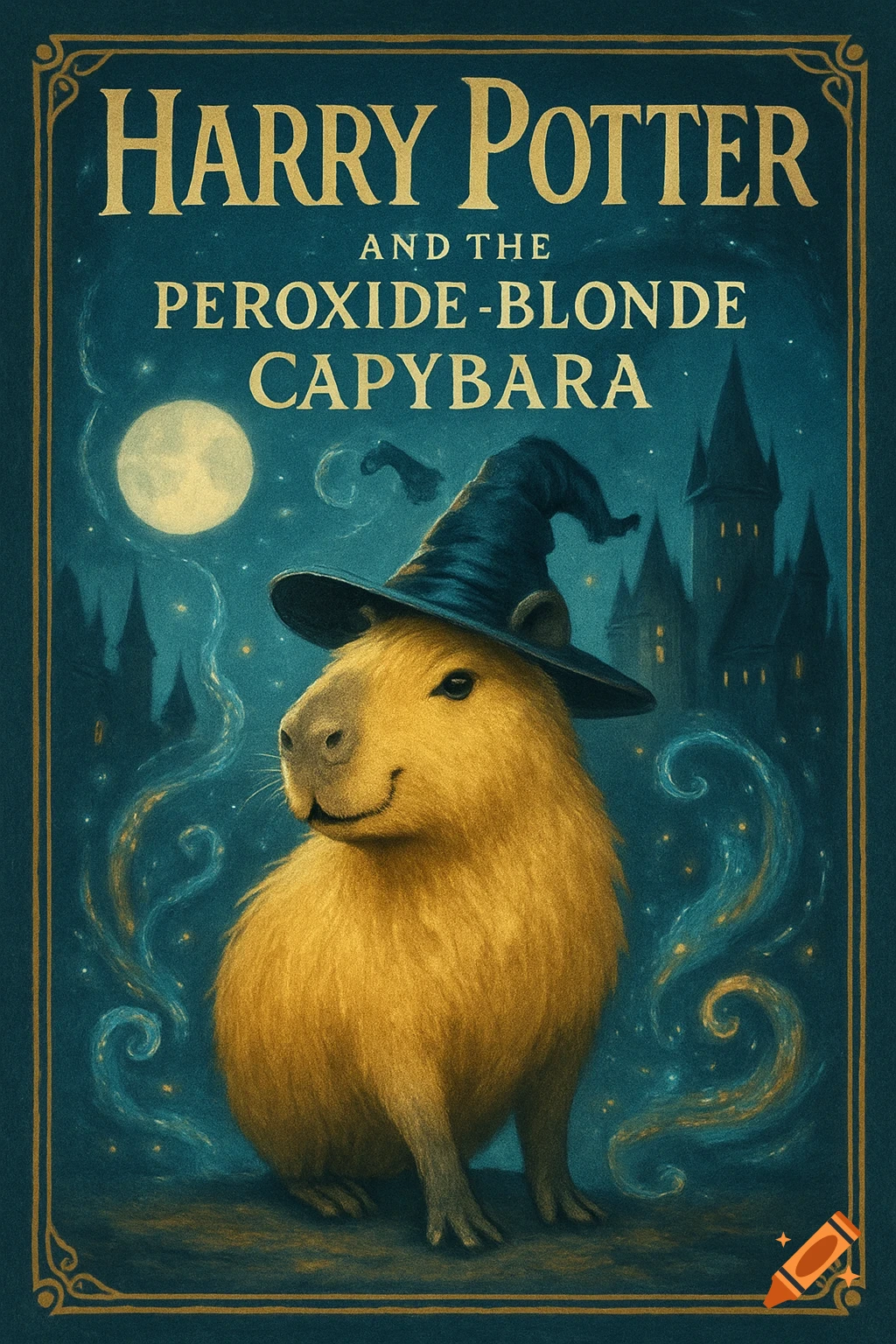 Book cover illustration for "Harry Potter and the Peroxide-Blonde Capybara" with a capybara in a wizard hat before a castle.